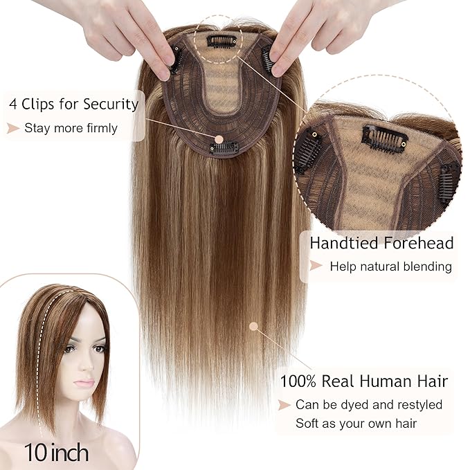 Hair Toppers for Women Real Human Hair No Bangs, 13 * 15 cm Larger Silk Base 150% Density Clip In Topper Hairpieces, Wiglet Top Pieces Add Volume /10 Inch 4P27 Medium Brown&Dark Blonde