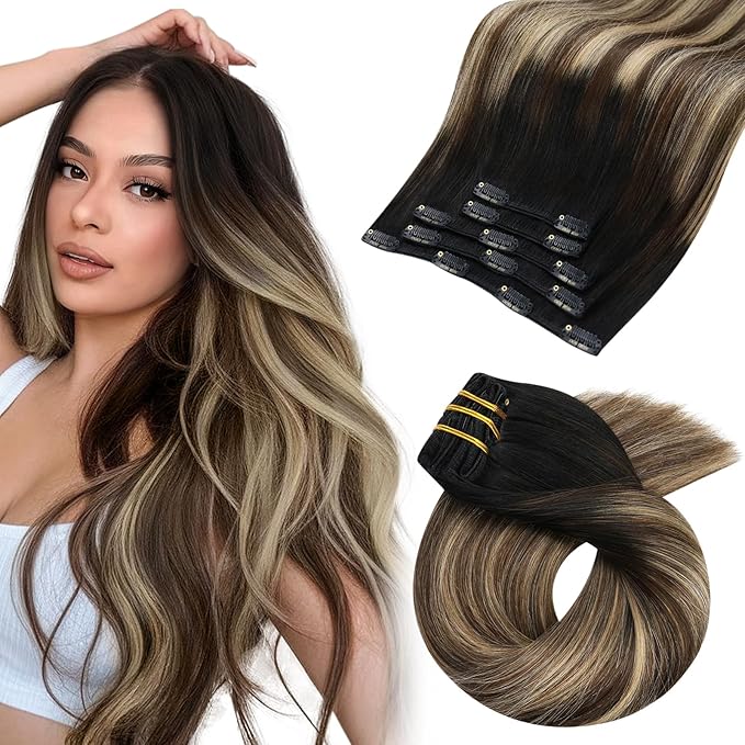 Moresoo Balayage Hair Extensions Clip ins Natural Black to Brown with Honey Blonde Clip in Real Human Hair Ombre Black to Blonde for Women Remy Human Hair Long Full Head 80g/5pcs 18 inch