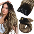 Moresoo Clip in Hair Extensions Real Human Hair Balayage Black to Dark Brown with Caramel Blonde 5pcs 80g Remy Straight Invisible Lace Double Weft Human Hair Clip in Extensions 20inch