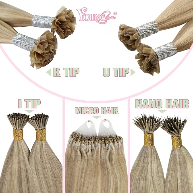 YoungSee K Tip Hair Extensions Human Hair Blonde Highlight Ktip Human Hair Extensions Golden Blonde Highlight Long Hair 22in 50s/50g