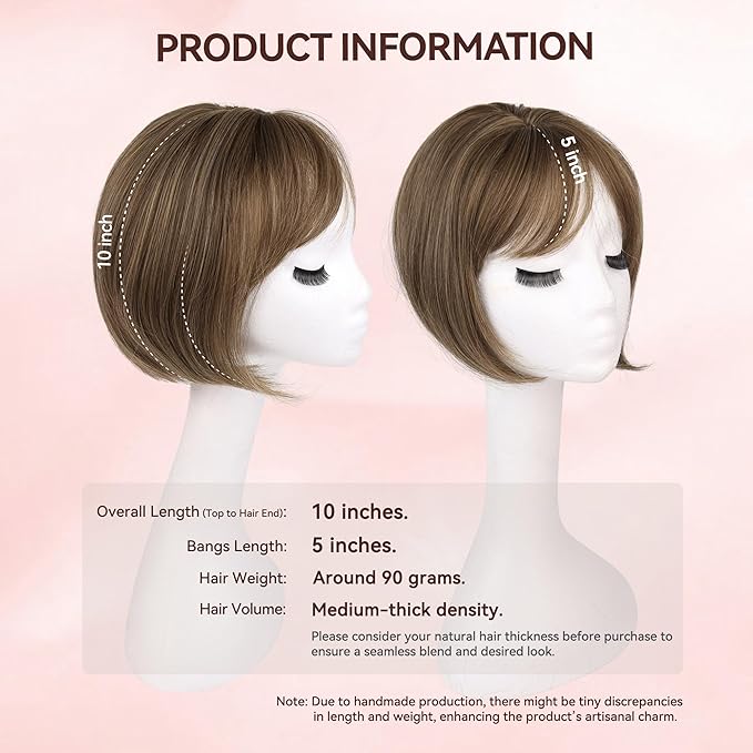 LEEONS Hair Toppers for Women with Bangs Short Bob Synthetic Pieces for Thinning Hair Side Part (Brown with Highlights)