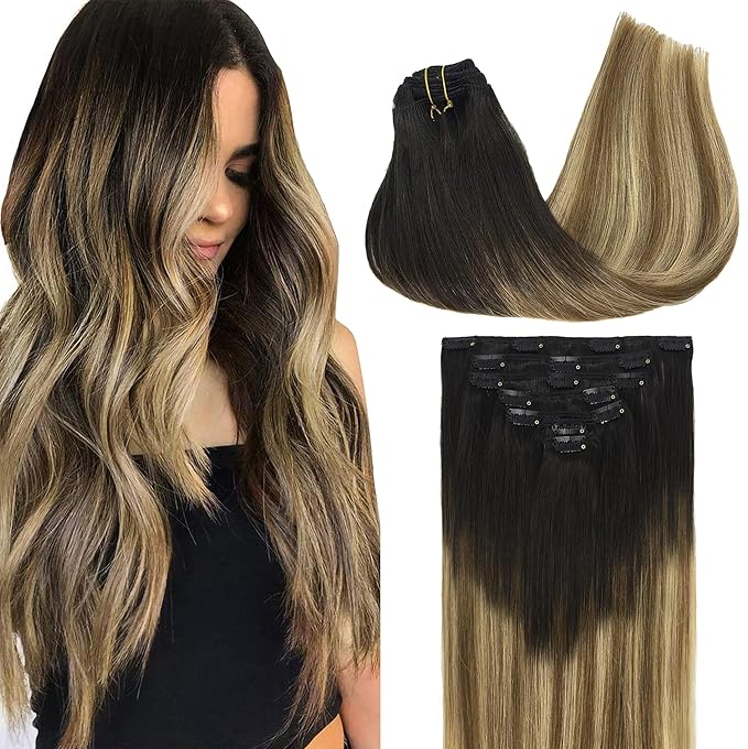 GOO GOO Clip in Hair Extensions Real Human Hair, Remy Human Hair Extensions Clip ins for Women, Natural Human Hair, 16inch 120g 7Pcs, 2/6/18 Balayage Brown to Dirty Blonde