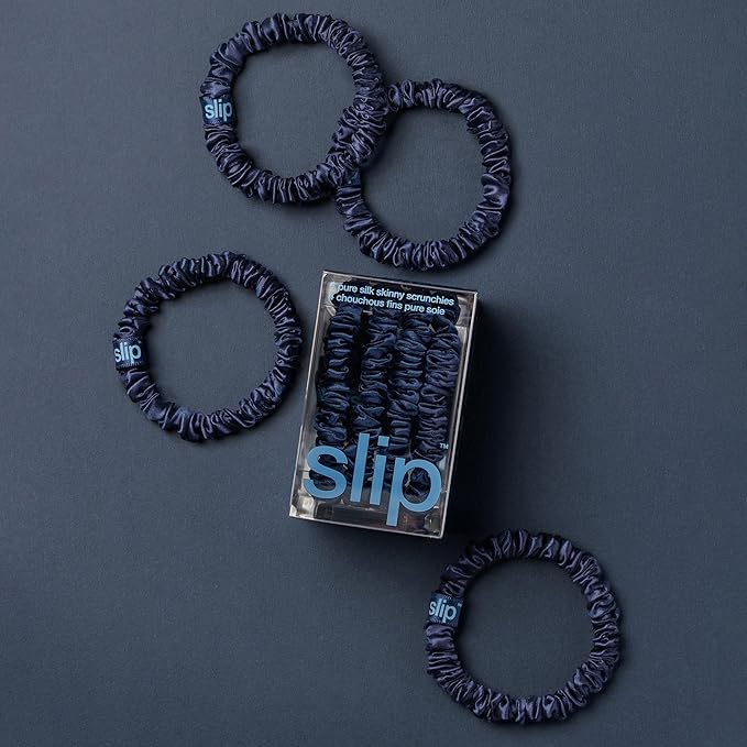 slip Skinny Scrunchies: Anti-Crease, Anti-Breakage Slipsilk™ Design Protects Delicate Hair | Includes 4 Pure Silk Scrunchies: Navy