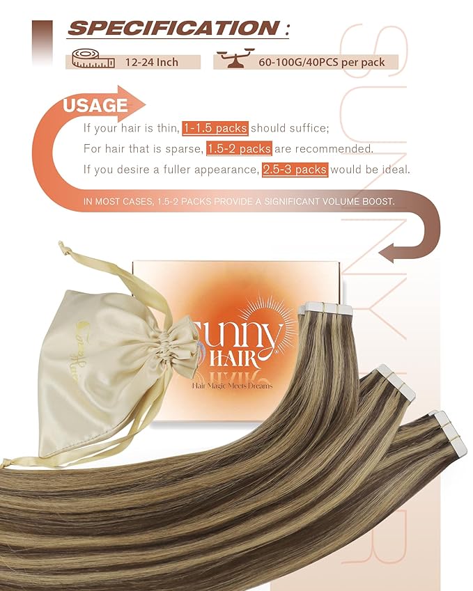 Sunny Hair Tape in Hair Extensions Human Hair 12 Inch Hair Extensions Real Human Hair Tape in Extensions for Women Medium Brown Highlights Caramel Blonde Remy Hair Straight Skin Weft 40pcs 60g