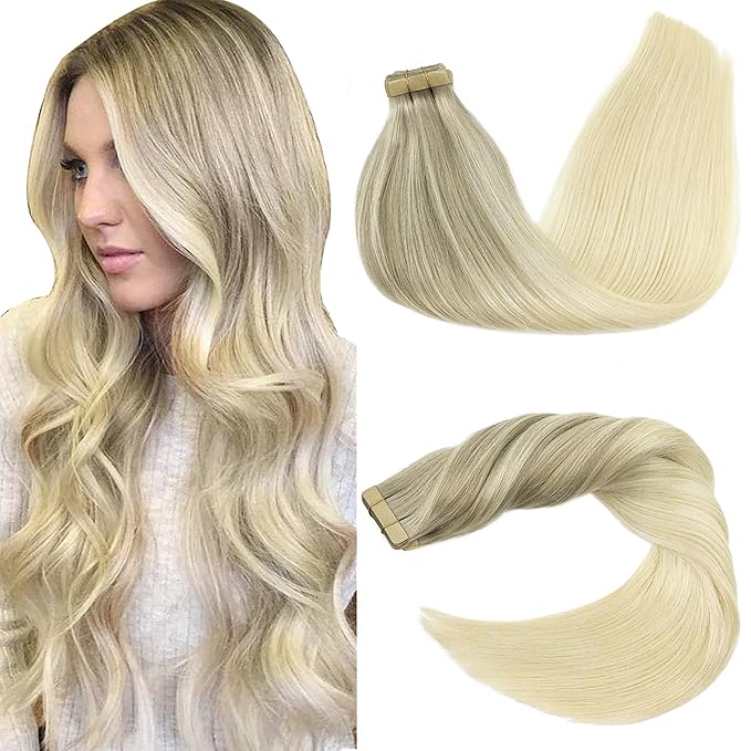 GOO GOO Tape in Hair Extensions Human Hair, 17/22/60 Ash Blonde to Golden Blonde and Platinum Blonde, 24inch 50g 20pcs, Skin Weft Seamless Invisible, Silky Straight with Thick Ends, Remy Human Hair