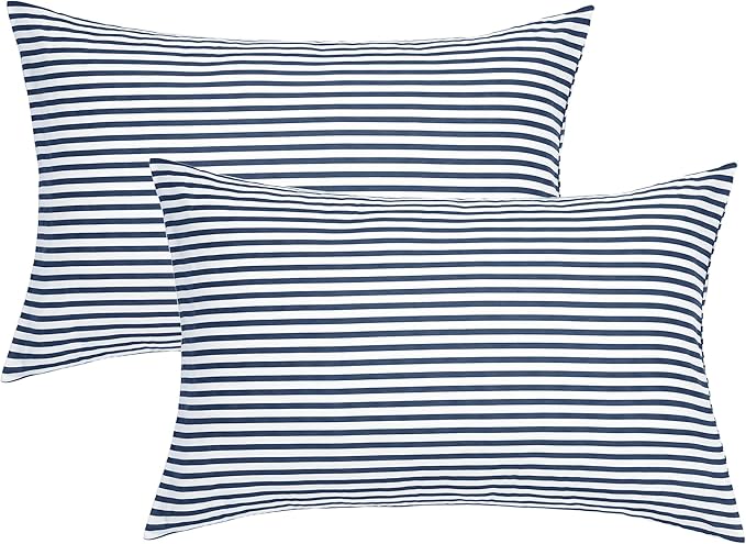 JELLYMONI 100% Natural Cotton Striped King Pillowcases Set, 2 Pack White and Dark Blue Stripes Pattern Printed Pillow Covers with Envelope Closure(Pillows are not Included)