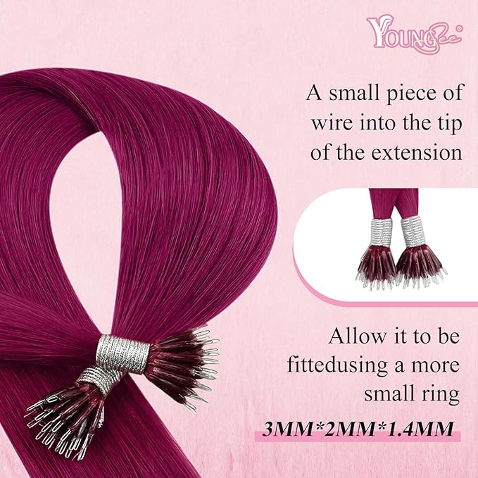 YoungSee Nano Beads Hair Extensions Magenta 18 Inch Nano Extensions Human Hair Burgundy Nano-Ring Hair Extension Remy Human Hair Colored Real Hair Cold Fusion 1g/s 25g 25s for Style Enhancement