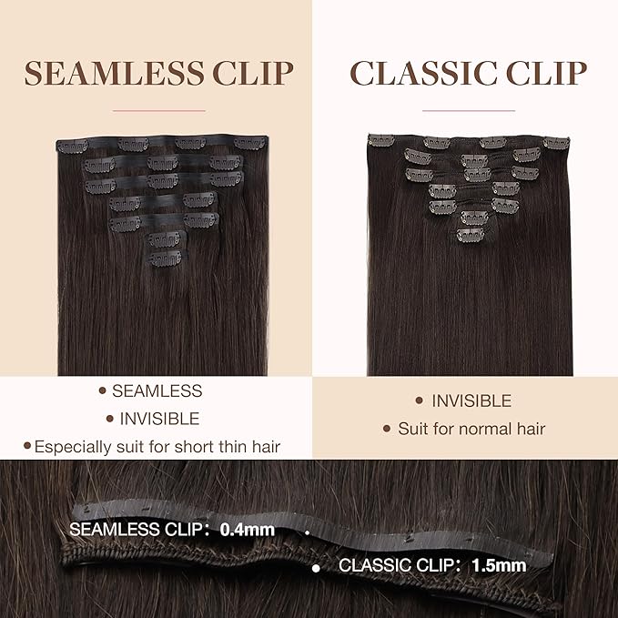 GOO GOO Clip in Hair Extensions Real Human Hair, Remy Human Hair Extensions Clip ins for Women, Natural Human Hair, 14inch 110g 7Pcs, 2A Light Brown