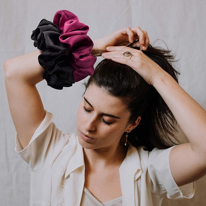 CEELGON Big Real Silk Scrunchies for Women Extra Large Scrunchie Satin Oversized Silk Scrunchy for Thick Hair Elastic Hair Ties Jumbo Hair Scrunchies 6 Pack (black,white,mulberry,champagne,blue,green)