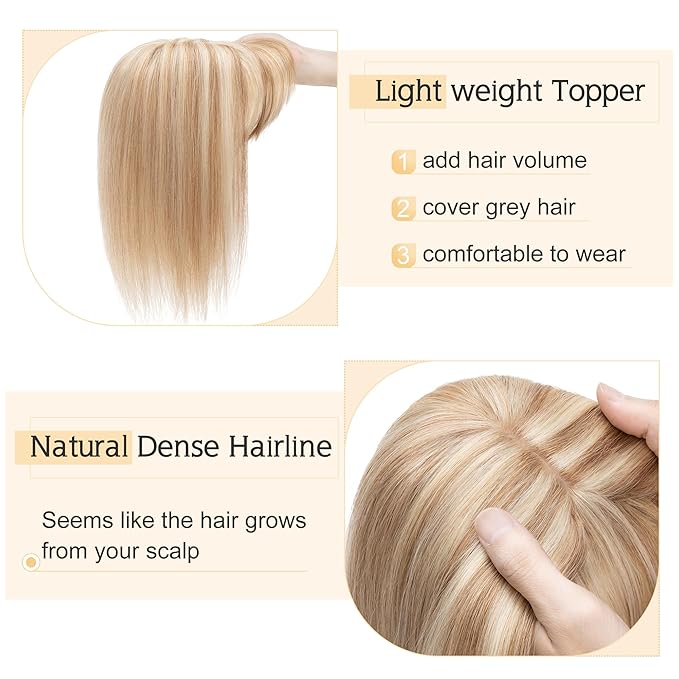 SEGO Hair Toppers for Women Real Human Hair With Bangs, 7 * 13CM Silk Base 100% Remy Human Hair Clip in Top Wiglet Hairpieces Add Volume -6 Inch Golden Brown&Bleach Blonde