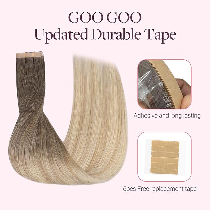 GOO GOO Tape in Hair Extensions Human Hair, 9/18J/60 Chocolate Brown to Champagne Blonde Balayage, 24inch 50g 20pcs, Skin Weft Seamless Invisible, Silky Straight with Thick Ends, Remy Human Hair