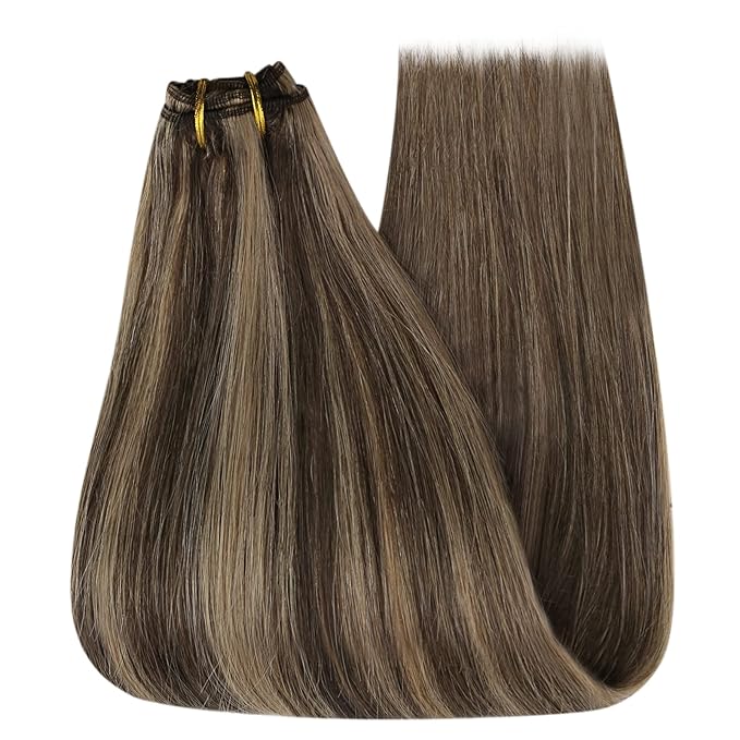 YoungSee Human Hair Sew in Extensions Brown Highlight Hair Extensions Weft Dark Brown Mix Caramel Blonde Sew in Bundles Human Hair One Piece for DIY 16Inch 100G
