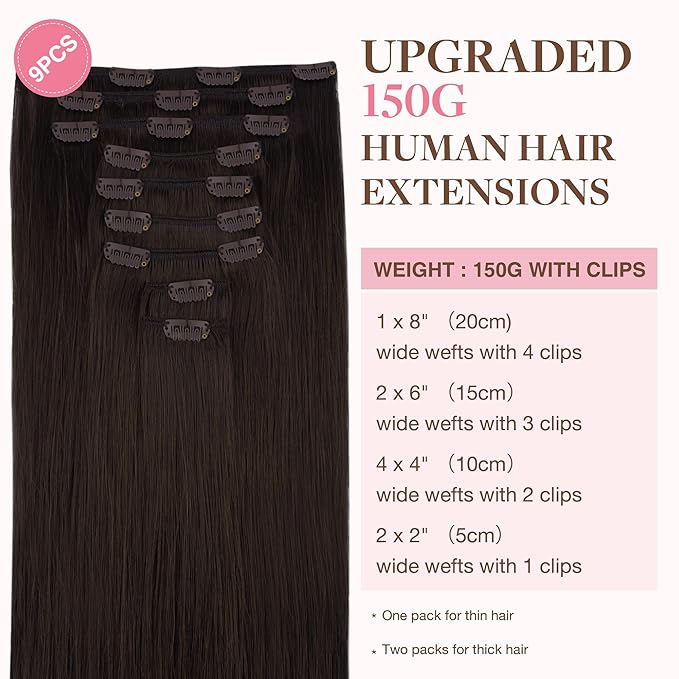 GOO GOO Clip in Hair Extensions Real Human Hair, Remy Human Hair Extensions Clip ins for Women, Natural Human Hair, 16inch 150g 9Pcs, 2A Light Brown