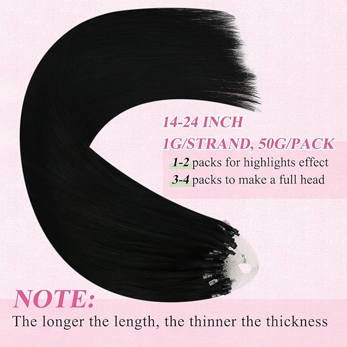 YoungSee Micro Bead Hair Extensions Real Human Hair Black Microlink Hair Extensions Human Hair Jet Black Microbead Hair Extension 16 Inch 50s/50g Micro Ring Hair Extensios #1 for Wedding