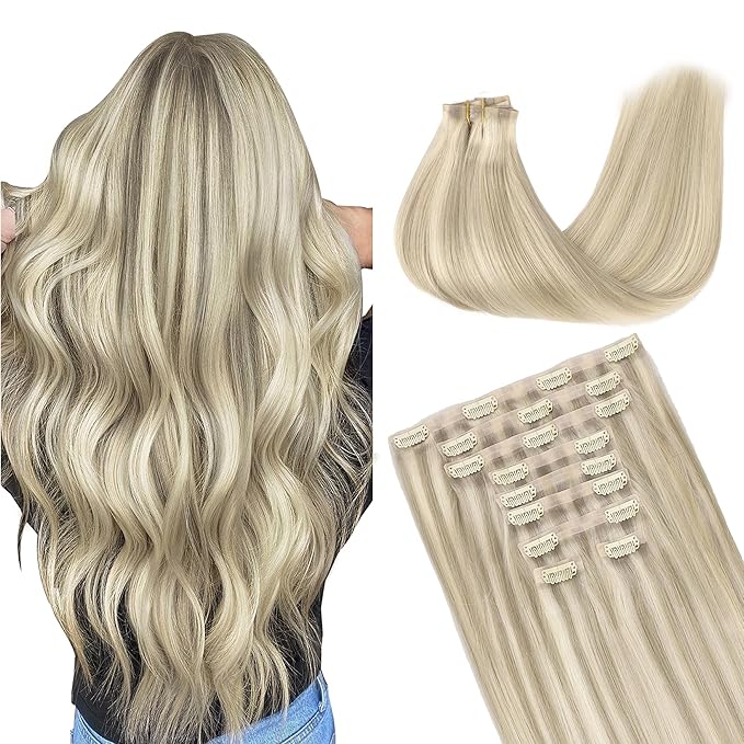 GOO GOO Clip in Hair Extensions Real Human Hair, Remy Human Hair Extensions Clip ins for Women, Natural Human Hair, 14inch 130g 9Pcs, 17A/60A Ash Blonde Highlighted Platinum Blonde
