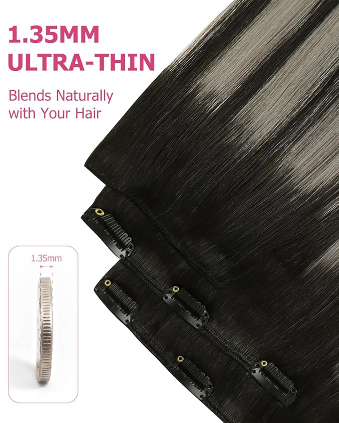YoungSee Clip in Hair Extensions Black Ombre Hair Extensions Clip ins Balayage Black with Silver Clip in Hair Extension Human Hair Easy to Wear 16Inch 120G 7Pcs