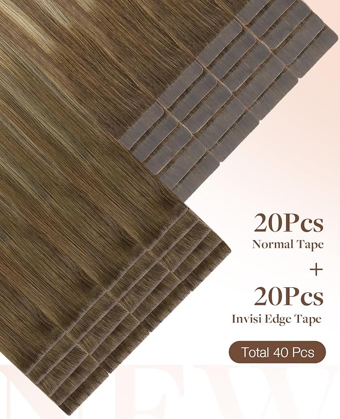 GOO GOO Invisi Edge Tape in Hair Extensions Human Hair, 3/8/613 Walnut Brown to Ash Brown and Bleach Blonde 20pcs injected with 20pcs classical tape ins, 22inch 100g, Virgin Remy Hair, Natural Look