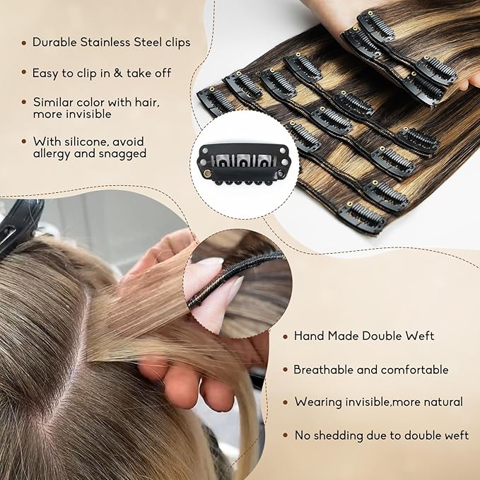 Clip in Hair Extensions Real Human Hair 20inch 8pcs 105g Seamless Balayage Dark Brown Hair Extensions Clip Ins Double Weft Dark Brown Highlight Chestnut Brown Invisible Straight Remy Human Hair