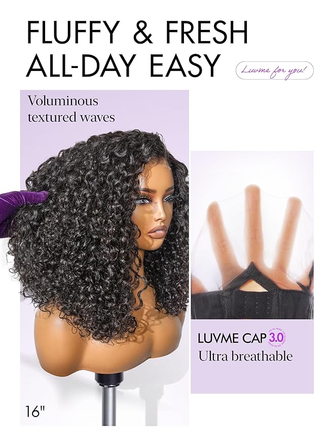 LUVME HAIR Curly Deep Wave Glueless Lace 100% Human Hair Short Wigs 14 Inches Pre Cut Plucked Hd Lace Wig Ready To Go Natural Color Bleached Knots Side Part Black Wigs 14 Inches