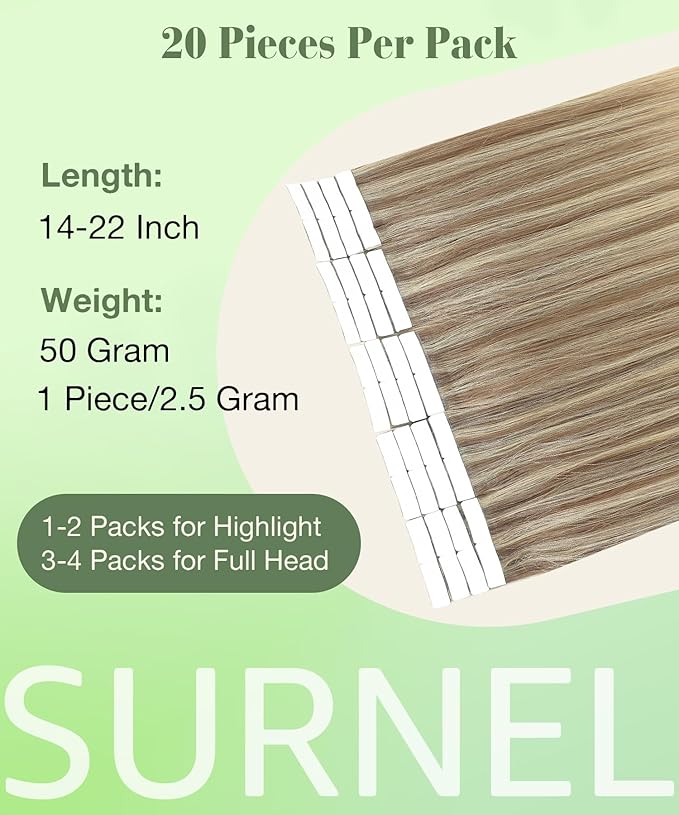 SURNEL Tape in Hair Extensions Human Hair 22inch Balayage Golden Brown Highlighted Fading to Golden Blonde Tape Hair Extensions 20 pcs 50g(#10/16/16-22)