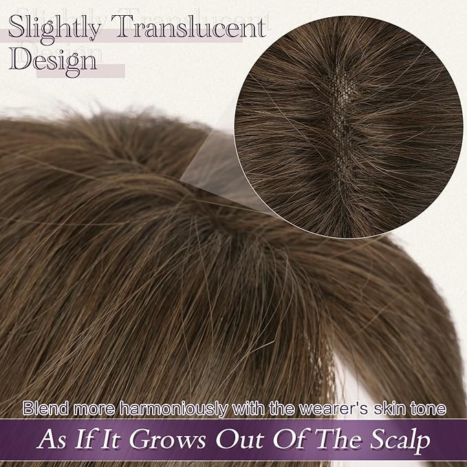 RUWISS Hair Toppers for Women Real Human Hair Lightweight Brown Clip in Hair Piece for Thinning Hair Fluffy Straight Hair Topper without Bangs
