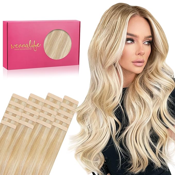 WENNALIFE Tape in Hair Extensions Human Hair, 20pcs 50g 16 inch Dirty Blonde Highlighted Bleach Blonde Remy Hair Extensions Straight Human Hair Tape in Extensions Skin Weft Extensions Hair