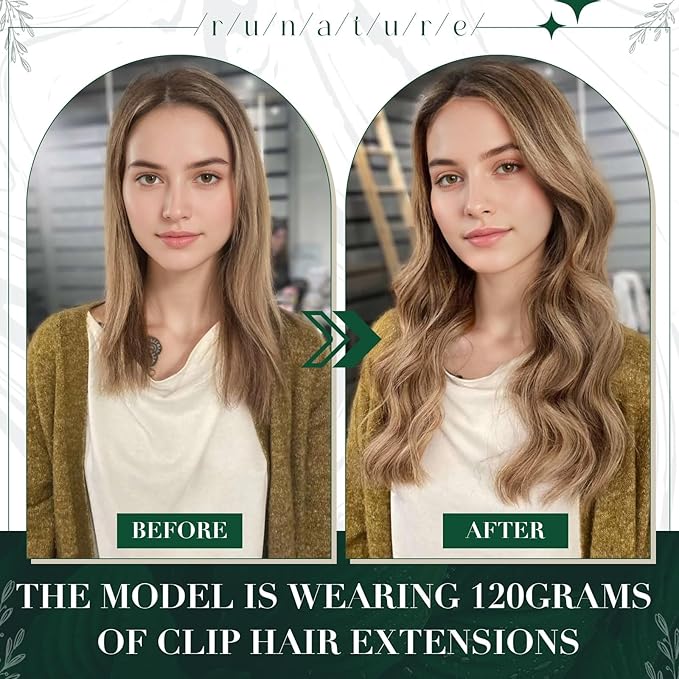 RUNATURE Clip in Hair Remy Human Hair Clip in Extensions 16 Inches Golden Brown with Golden Blonde Highlighted Color 10P16 50g 3pcs Double Weft Clip on Hair Extensions