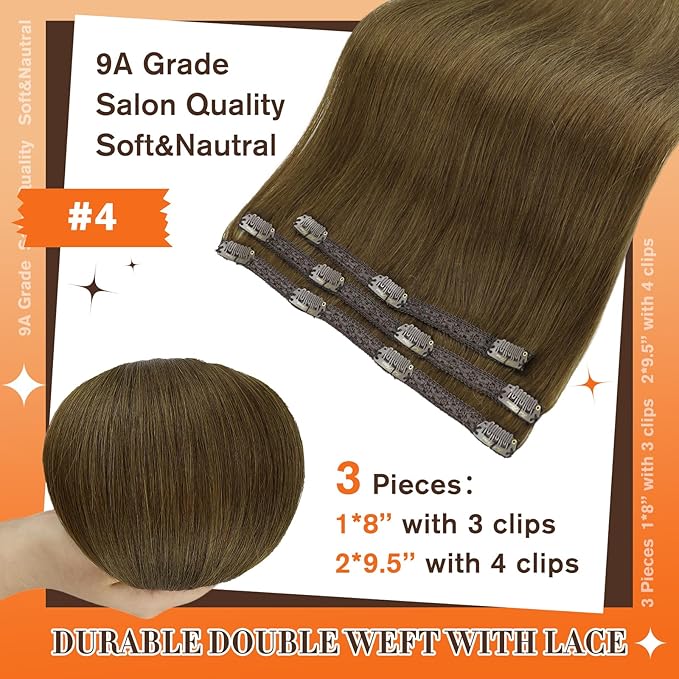 Full Shine Human Hair Clip in Extensions Brown Clip in Hair Extensions Medium Brown for Short Invisible Human Hair for Women Softness 10 Inch 60 G 3 PCS