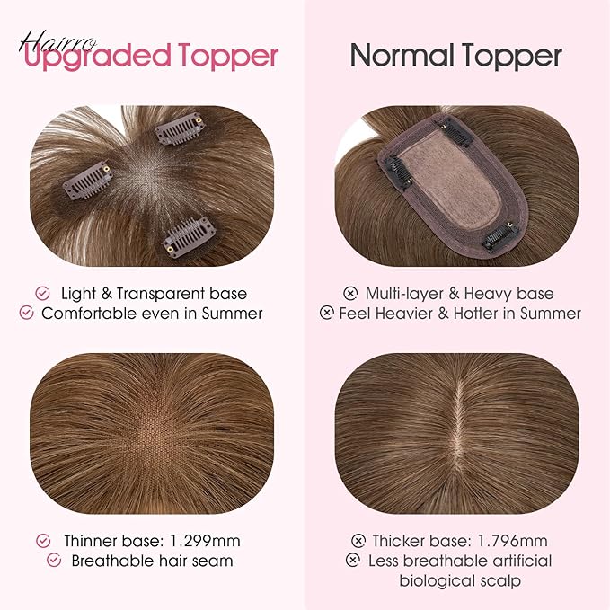 Hairro Human Hair Toppers with Wispy Bangs, 3D 360° Seamless Real Hair Toppers, Hand-Tied with 3.5"x4.7" T-shaped Base, Clip-In Hairpieces to Add Volume on Top, 11 Inch Medium Brown