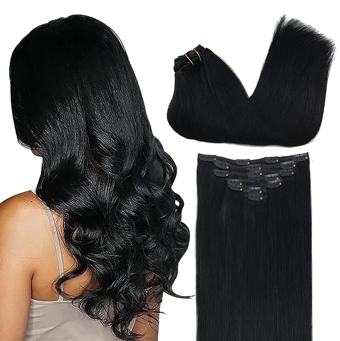 GOO GOO Clip in Hair Extensions Real Human Hair, Remy Human Hair Extensions Clip ins for Women, Natural Human Hair, 22inch 170g 7Pcs, #1 Jet Black