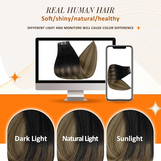 Full Shine Balayage Clip in Hair Extensions Real Human Hair 16 Inch Black to Light Brown with Honey Blonde Invisible Hair Extensions Ease of Use 8 PCS 120 G