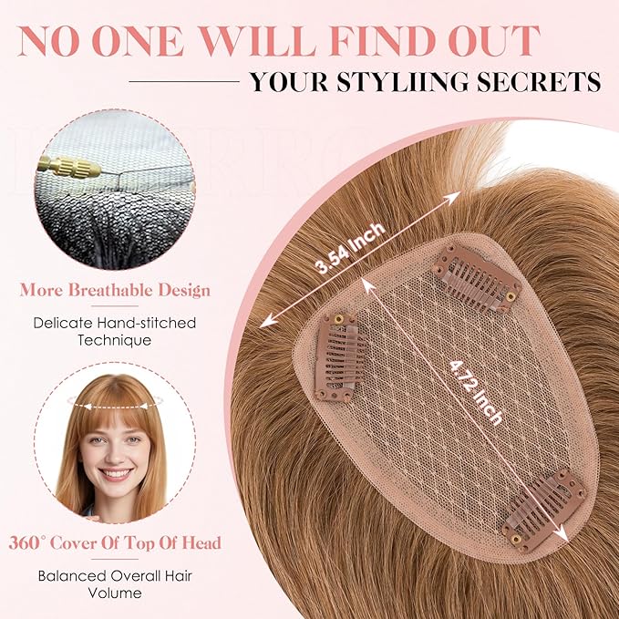 Hairro Human Hair Toppers with Wispy Bangs, 3.5x4.7" Hand-wovened Base for Women with Thinning Hair, Lightweight & Breathable Realistic Scalp, Clip-in Hairpieces for Easy Wear, 14 Inch Blondish Brown