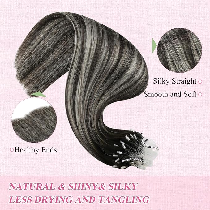 YoungSee Micro Bead Hair Extensions Real Human Hair Ombre Microlink Hair Extensions Human Hair Balayage Black with Silver Micro Loop Hair Extension 14 Inch 50g 50s Microbead Extension for Short Hair