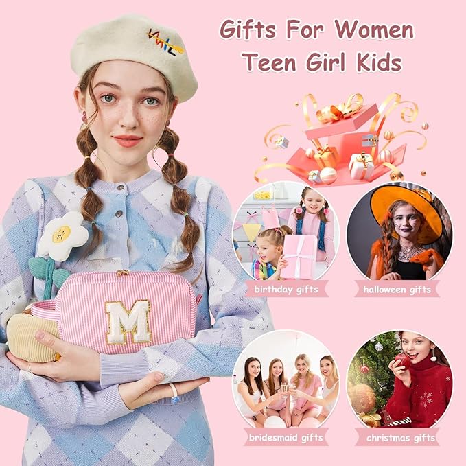 YOOLIFE Christmas Gifts for Women Teen Girls - Initial Makeup Bag Cosmetic Bag Toiletry Pouch, Personalized Birthday Gifts for Women Girls Mom Daughter Sister Friends, Pink A