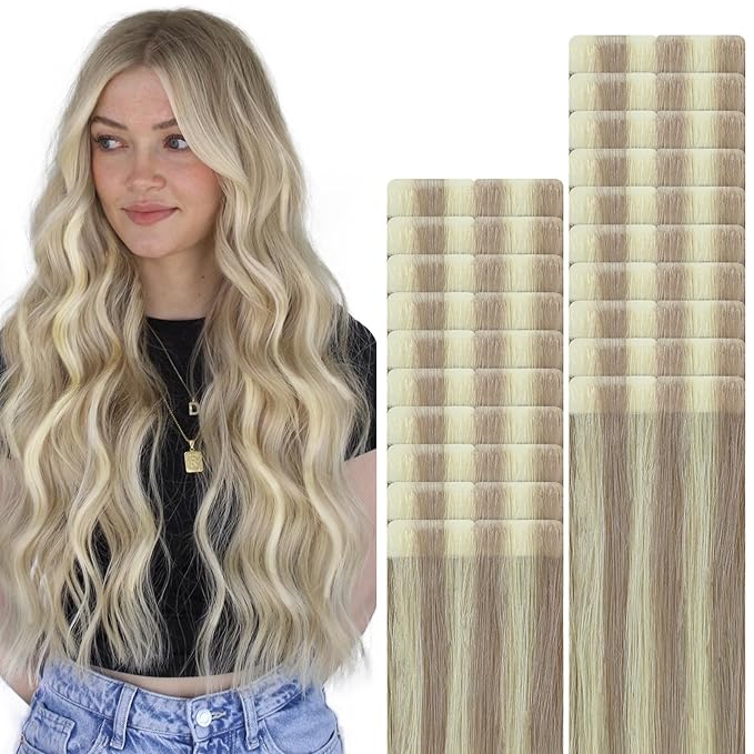 VINBAO Invisi Edge Tape in Hair Extensions Human Hair, 50g 20pcs Dirty Blonde Highlighted Platinum Blonde, Seamless Invisible Tape Natural Blend 18inch #18P60