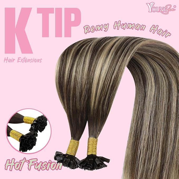 YoungSee Ktip Hair Extensions Ombre Dark Brown with Ash Blonde K Tips Hair Extensions Human Hair Ombre 24In 1G/S 50G
