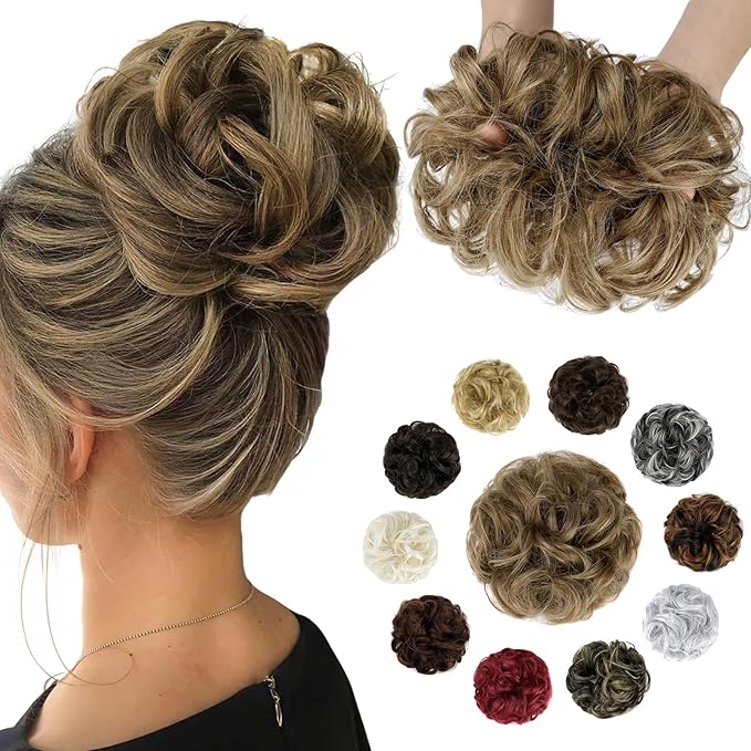 Messy Bun Hair Piece Wavy Curly Scrunchies Fluffy Donut Thick Updo Elegant Chignon Hairpieces for Women Girls, Light Brown & Ash Blonde 1.4oz