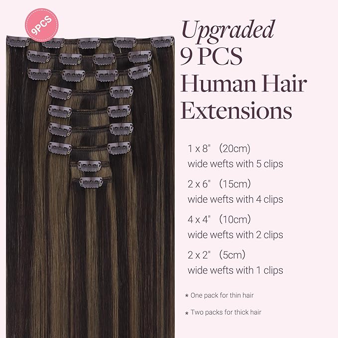 GOO GOO Clip in Hair Extensions Real Human Hair, Remy Human Hair Extensions Clip ins for Women, Natural Human Hair, 24inch 150g 9 Pcs, #2/6 Dark Brown Highlighted Chestnut Brown