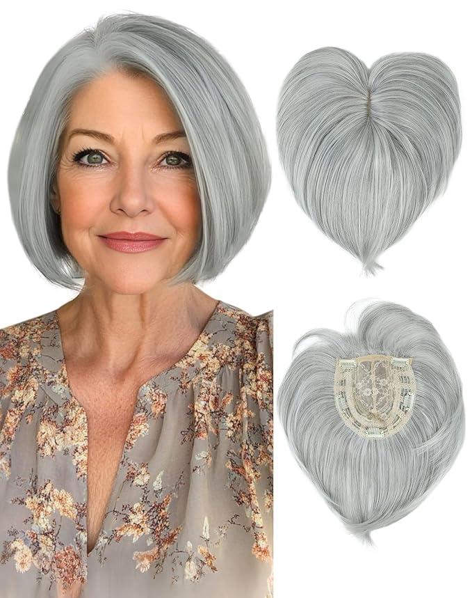 QUEENTAS Grey Hair Topper for Women with Thinning Hair Pieces 6"*6"Large Coverage 360°3D Cover Silver Synthetic Short Bob with 5 Clips in Wiglets(Gray)