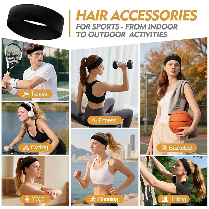 Black Headband for Women and Men - 8 Pcs Head Bands for Women's Hair Accessory Elastic Cloth Running Headbands for Workout Sport Valentines Day Gifts for Him Easter Basket Stuffers for Adult Woman