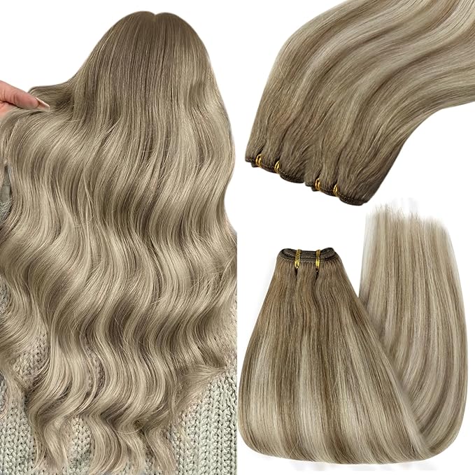 YoungSee Hair Extensions Weft Light Brown Sew in Extensions Hand Tied Weft Hair Extensions Human Hair Light Brown Mix Platinum Blonde Thick Remy Hair for Full Head 18Inch 100g