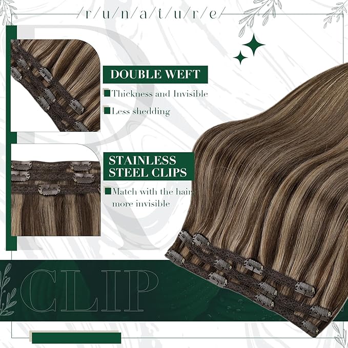 RUNATURE Clip in Hair Extensions Real Human Hair Dark Brown Highlight Soft Silky Human Hair Clip in Extensions 50g 3pcs 18 Inch #3P12 Brown Highlight Blonde
