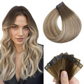 Full Shine Tape in Hair Extensions Human Hair Color 3 Dark Brown to 8 Ash Brown and 22 Blonde Invisible PU Hair Extensions 18Inch 50G 20PCS Glueless Invisible Tape in Extensions Seamless