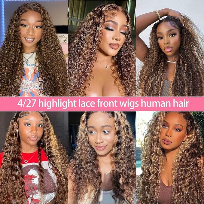 210% Density 13x6 Highlight Ombre Full Lace Frontal Wigs Human Hair 12A Deep Wave Brazilian Human Hair Pre Plucked 4/27 Honey Blonde HD Glueless Transparent Lace 18 Inch