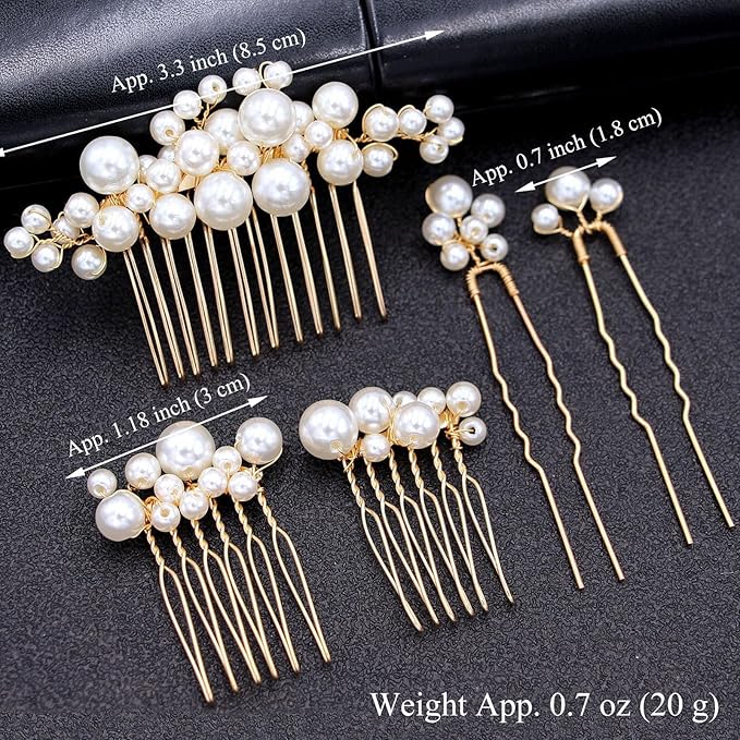 Pearl Hair Combs and Hair Pins for Bridal Women, Decorative Hair Accessories for Wedding Prom, Set of 5 (Gold)