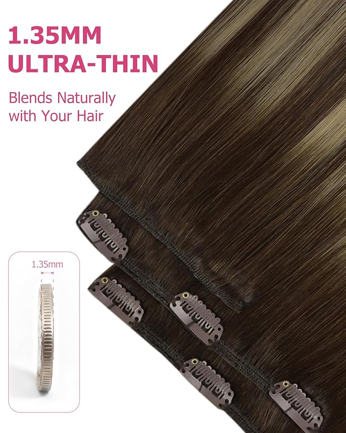 YoungSee Clip in Human Hair Extensions Brown Balayage Clip in Real Hair Extensions Dark Brown with Caramel Blonde Balayage Remy Hair Human Extension Clip ins Long Straight Hair Extension 22Inch 120G