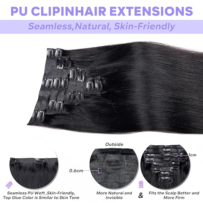 Seamless Clip in Hair Extensions - Real Human Hair Straight Brazilian Remy Hair Clip in Extensions 8Pcs Invisible Skin Weft 18Clips 120g 28inch Natural Black