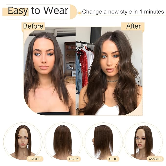 SEGO Human Hair Toppers for Women With Thinning Hair, 7 * 13CM Silk Base 100% Real Human Hair Clip in Top Wiglet Hairpieces /8 Inch No Bangs /4 Medium Brown