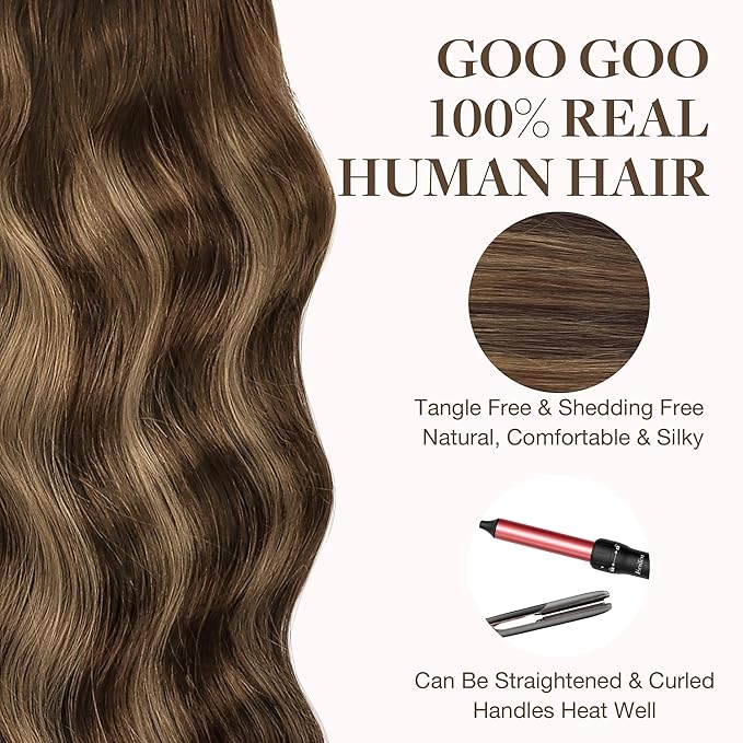 GOO GOO 24inch Tape in Human Hair Extensions Balayage Chocolate Brown to Caramel Blonde Remy, Tape in Balayage Natural , Straight 20pcs 50g