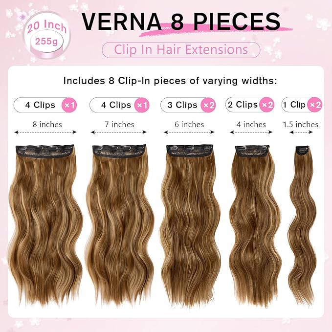 Clip in Hair Extensions for Women, 20 Inch Chestnut Brown Hair Extensions Mix Blonde, 8PCS Long Wavy Clip Ins, Synthetic Airy and breathable Hairpieces for Women